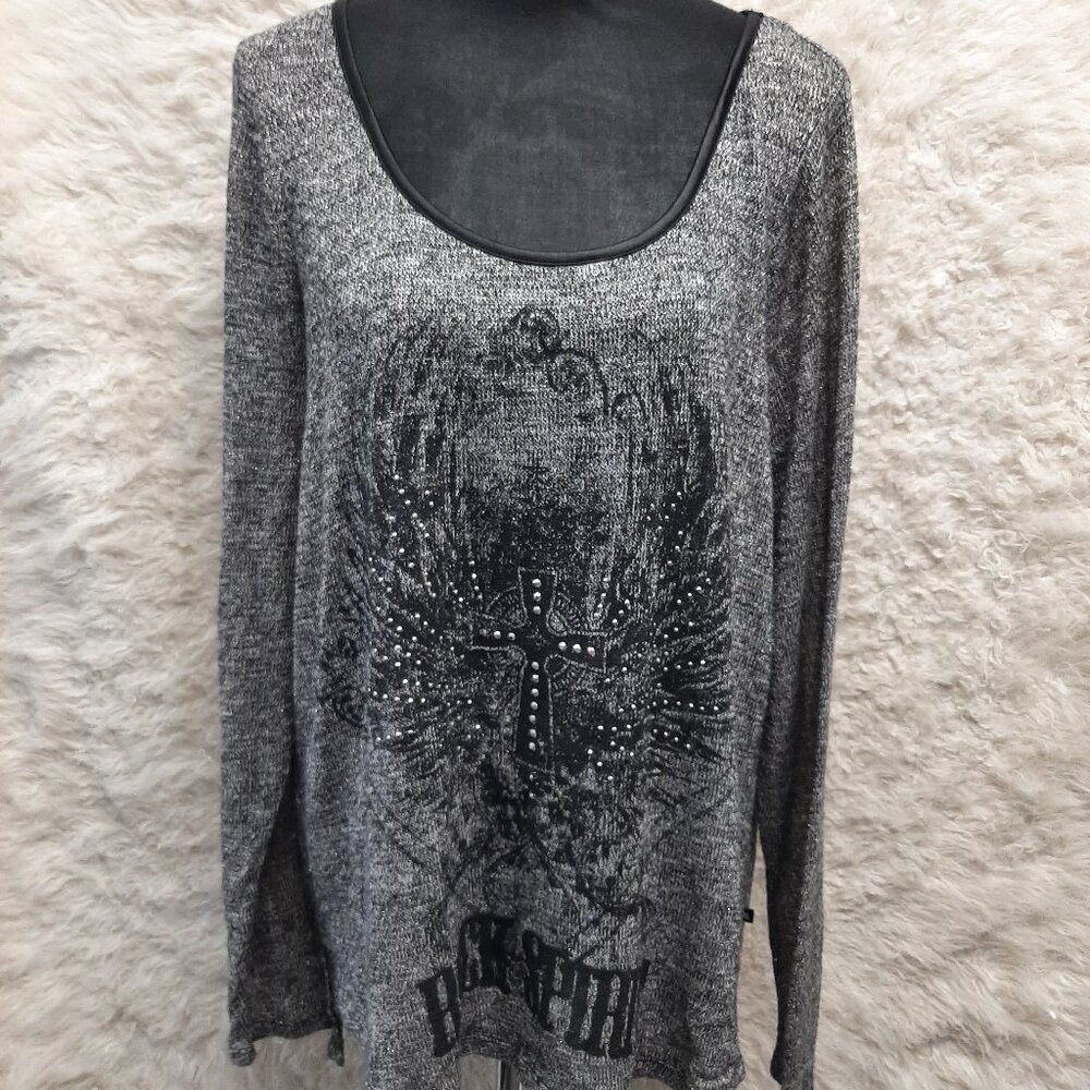 Rock & Republic Gray Graphic Long Sleeve Tee Cross Rhinestones Size L